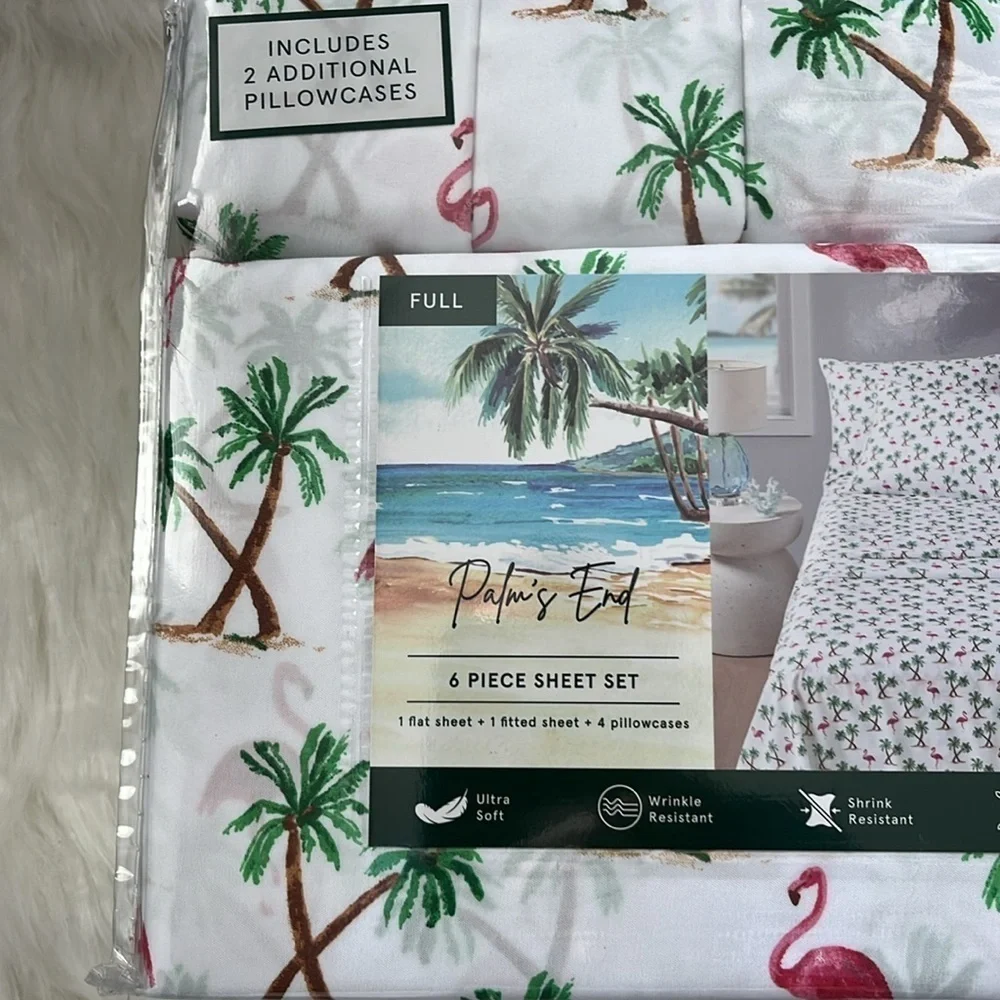 🆕Palm’s End Sheet Set 6 Piece FULL Size Sheets Flamingos and Palm Trees Tropical